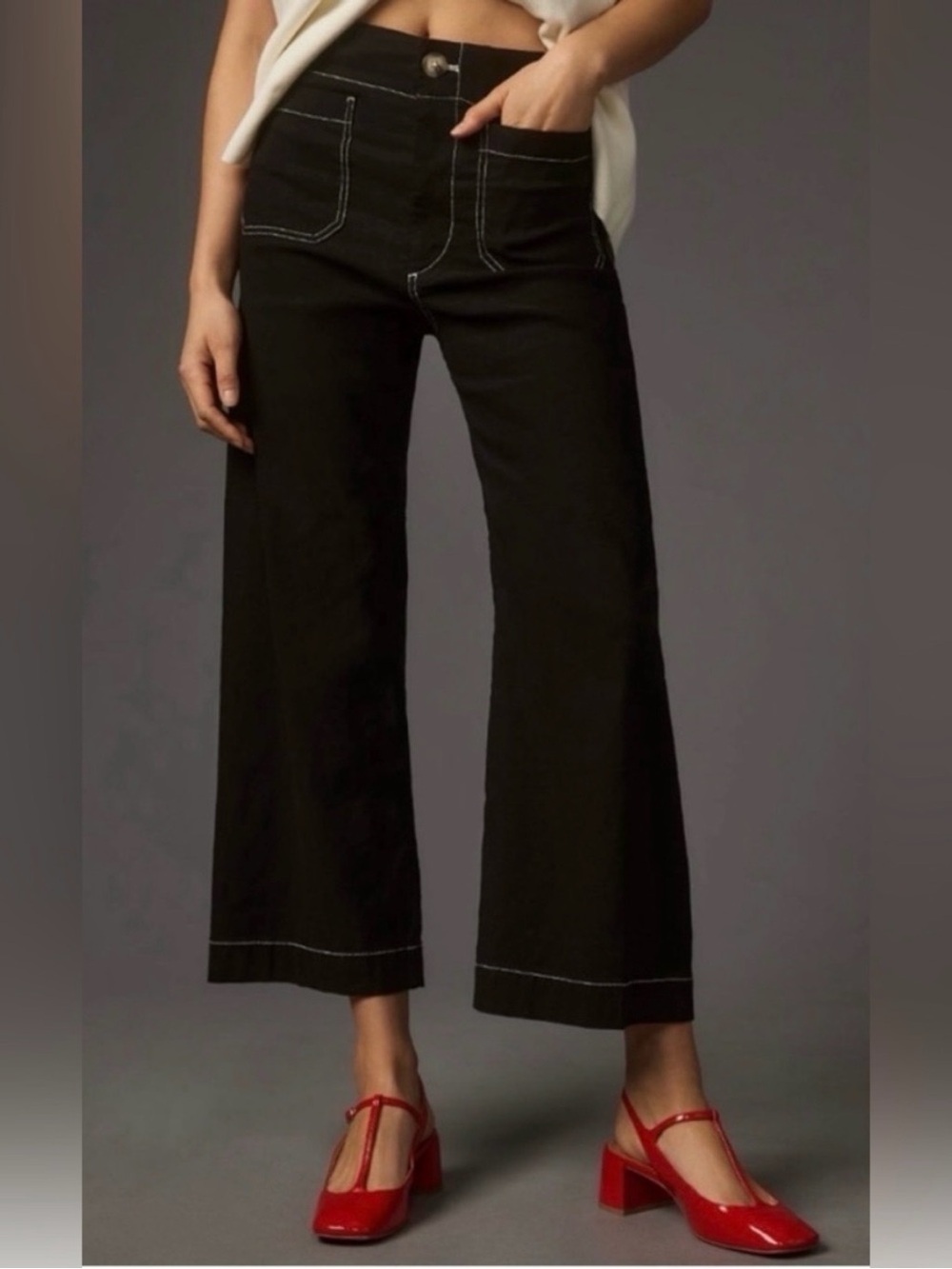 Anthropologie Maeve The Colette Wide Leg Pants Black Contrast Stitch Size 28